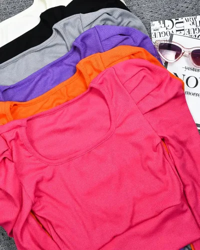 کراپ یقه خشتی استین پفی