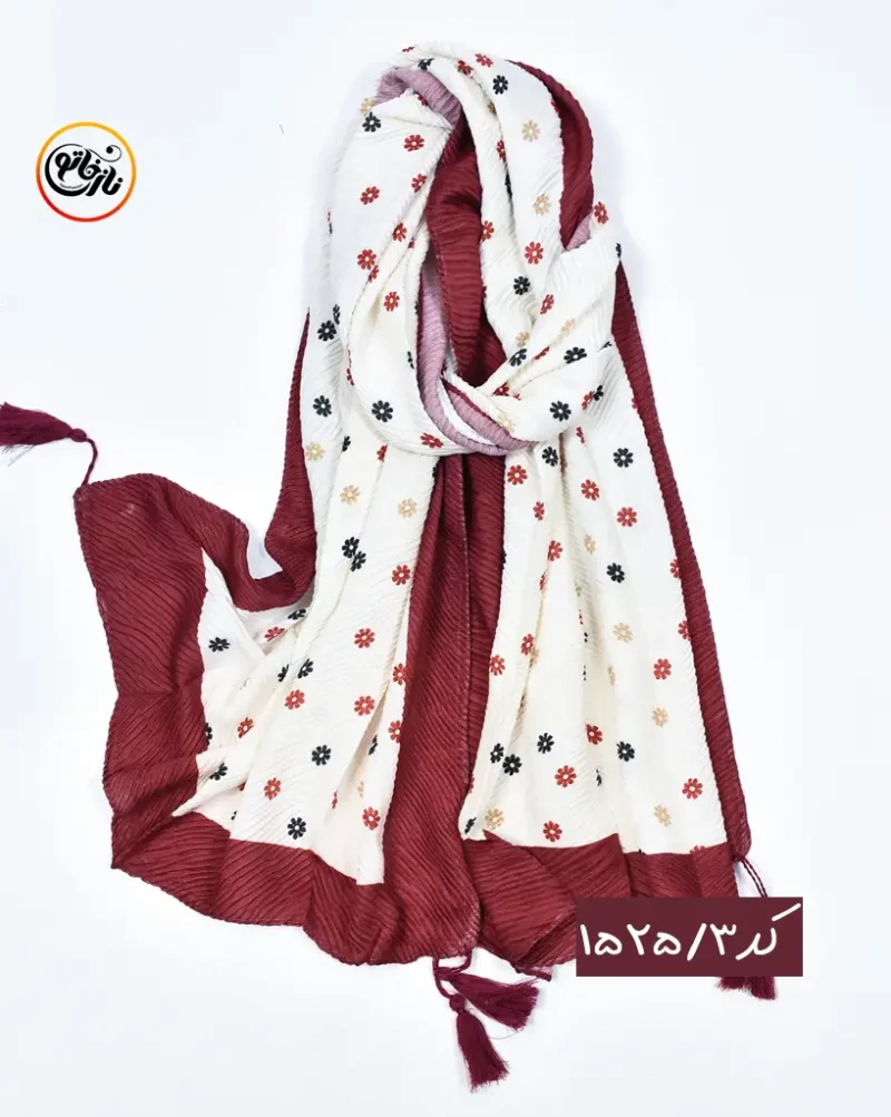 شال پلیسه زرشکی کرم  کد 1525 - Image 4