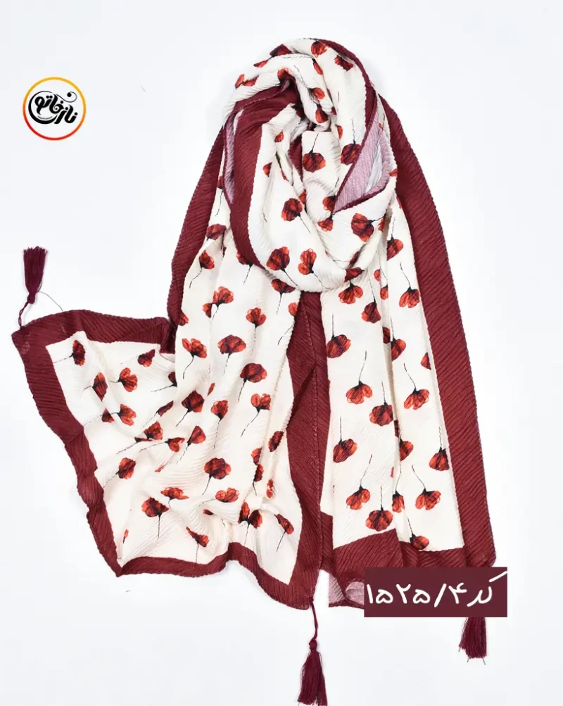 شال پلیسه زرشکی کرم  کد 1525 - Image 5