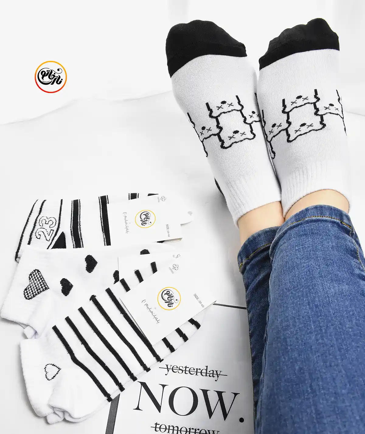 jorab.nakhi.dokhtarone.sefid.meshki.01 جوراب سفید مشکی نخی کد 64 - Image 1